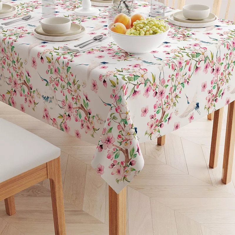 Rectangular Tablecloth， 100% Cotton， 60x104， Cranes and Pink Flowers