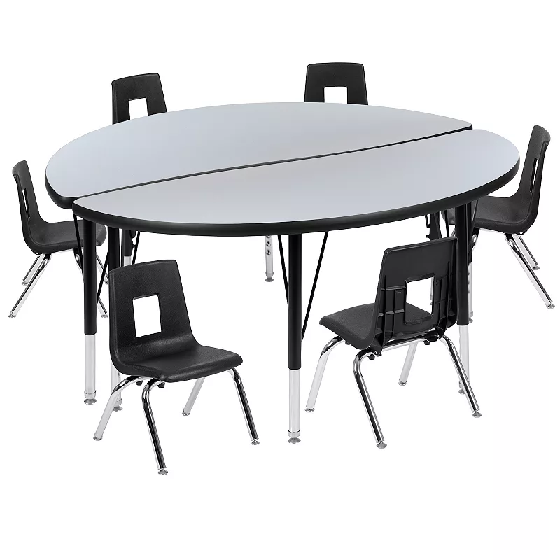 Emma and Oliver 47.5 Circle Wave Activity Table Set with 12 Student Stack Chairs， Grey/Black