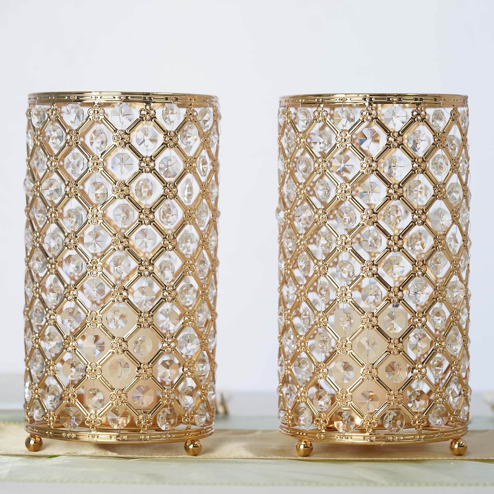 2 Pack Gold Metal Crystal Beaded Pillar Votive Candle Holder Set, Multipurpose Crystal Stem Vase 9