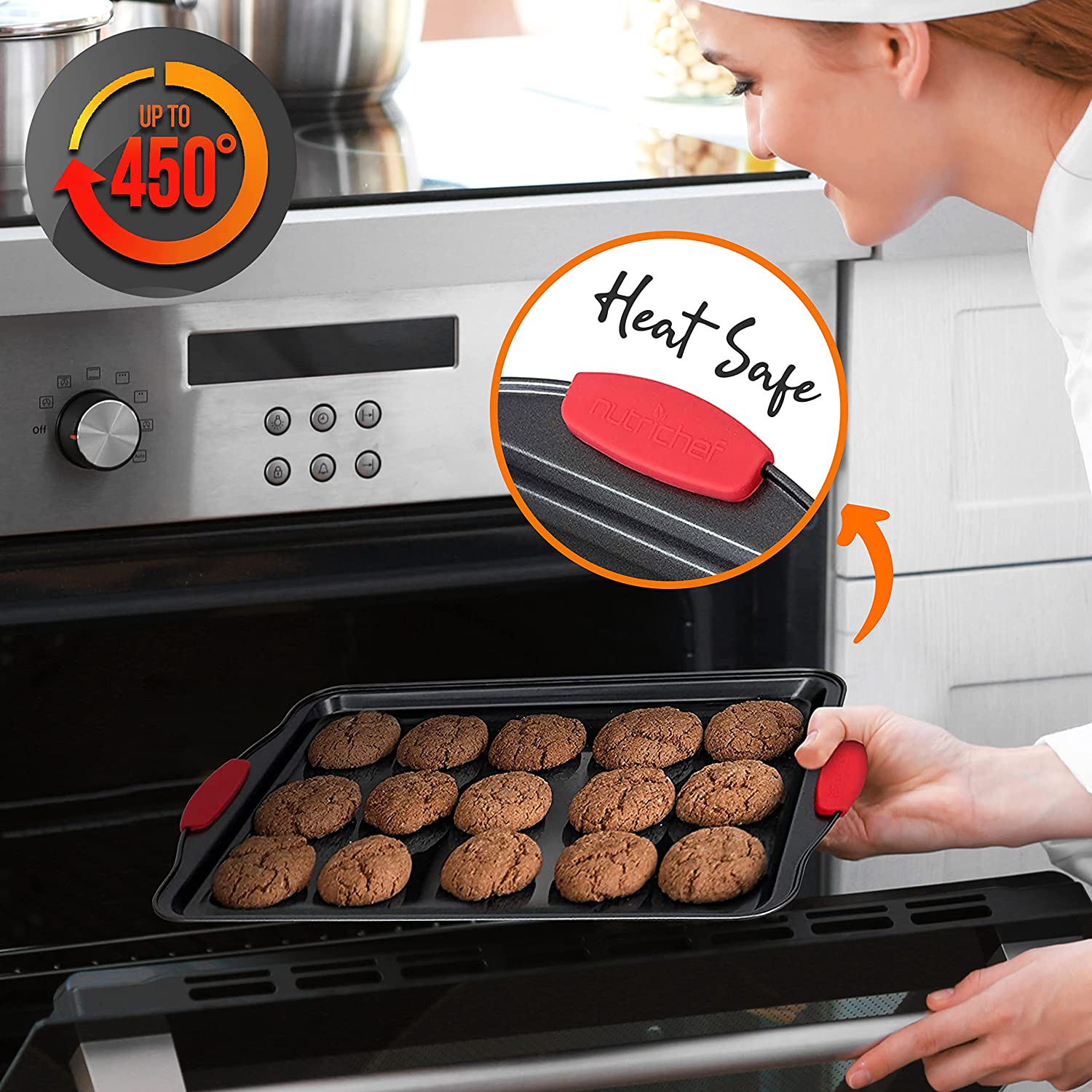 NutriChef w/Heat Red Silicone Handles， Oven Safe， 21 Piece Set， Black