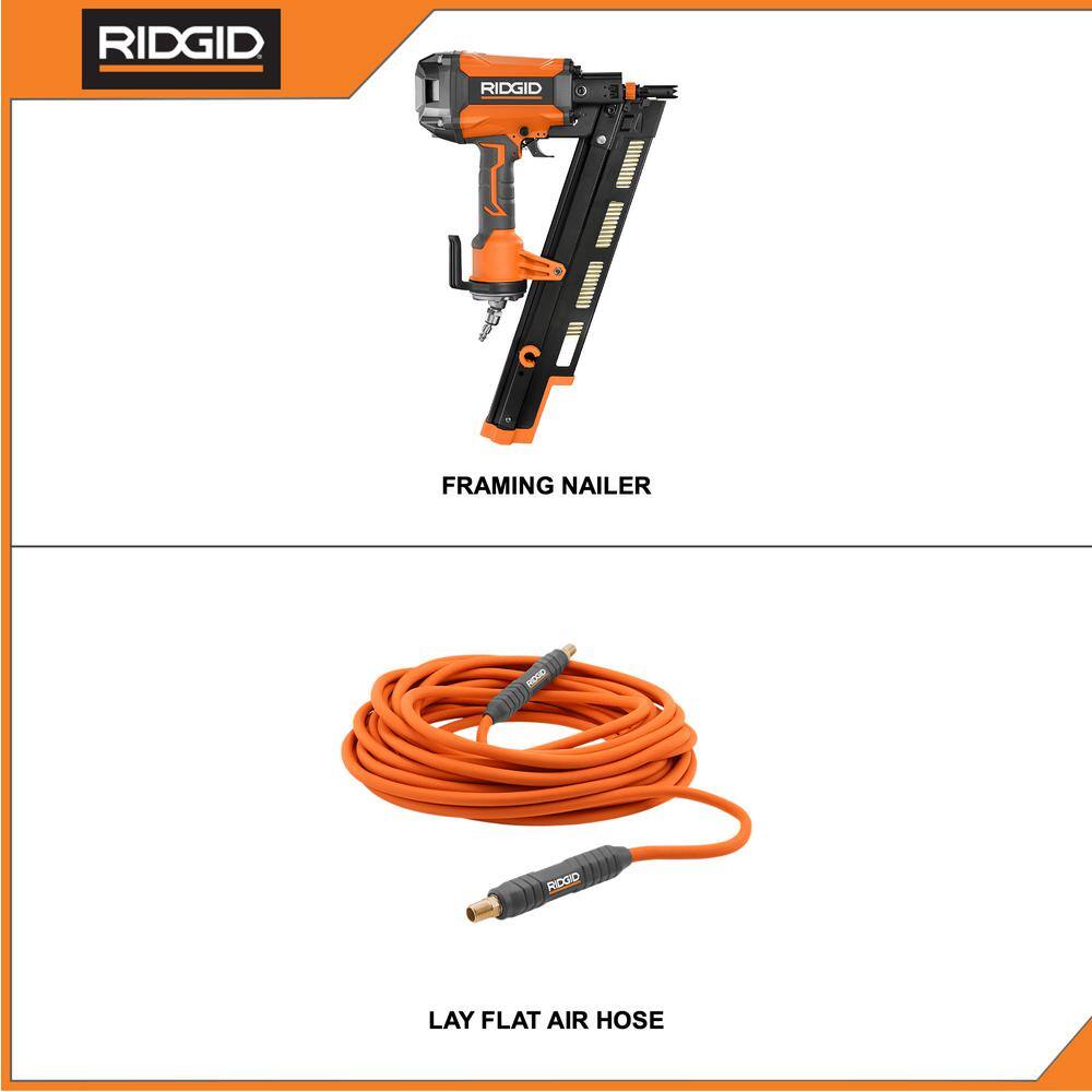 RIDGID Pneumatic 21-Degree 3-12 in. Round Head Framing Nailer with 14 in. 50 ft. Lay Flat Air Hose R350RHF-R5025LF