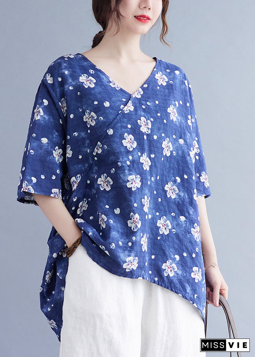 Women Blue Oversized Print Low High Design Linen Tank Tops Summer