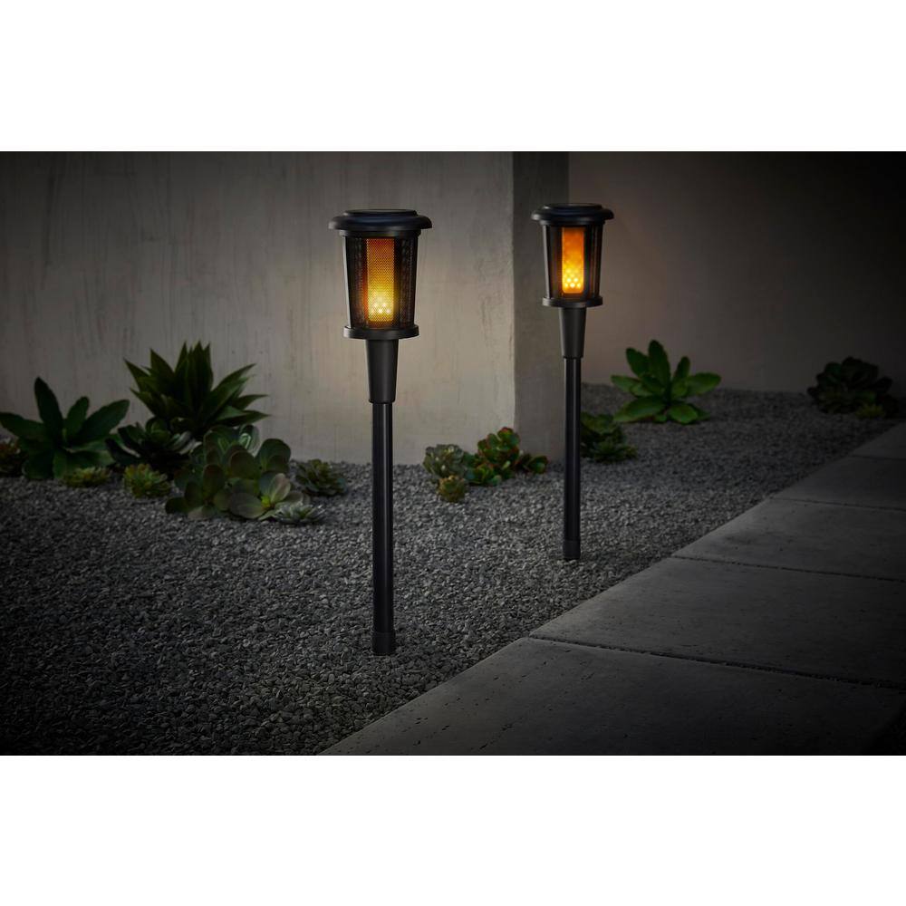 Hampton Bay Ambrose Solar 6 Lumens Matte Black Integrated LED Flicker Flame Torch Path Light with Adjustable Height (2-Pack) 93121