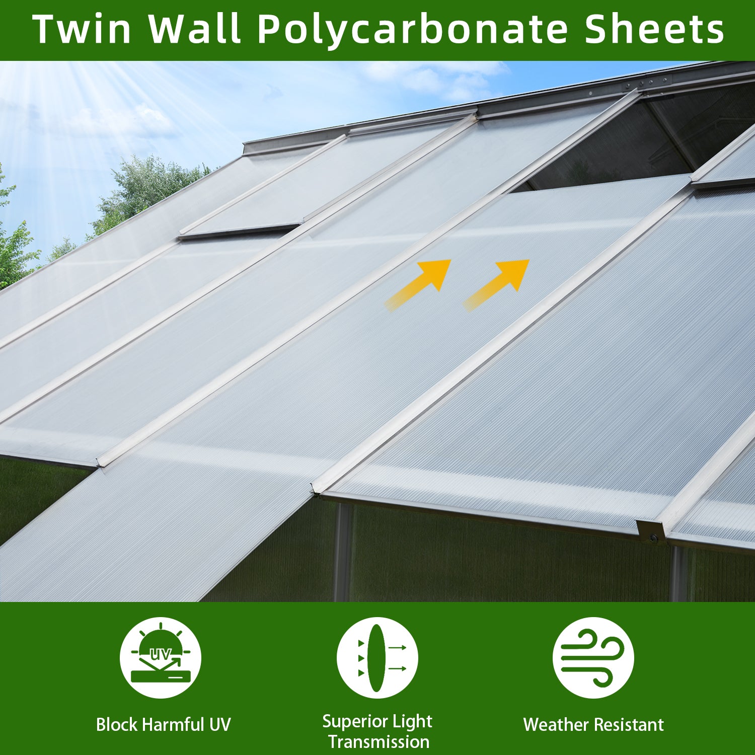 Mellcom 10' x 16' Walk-in Hobby Greenhouse, Outdoor Sliver Aluminum Frame Polycarbonate Green House with Adjustable Roof Vent