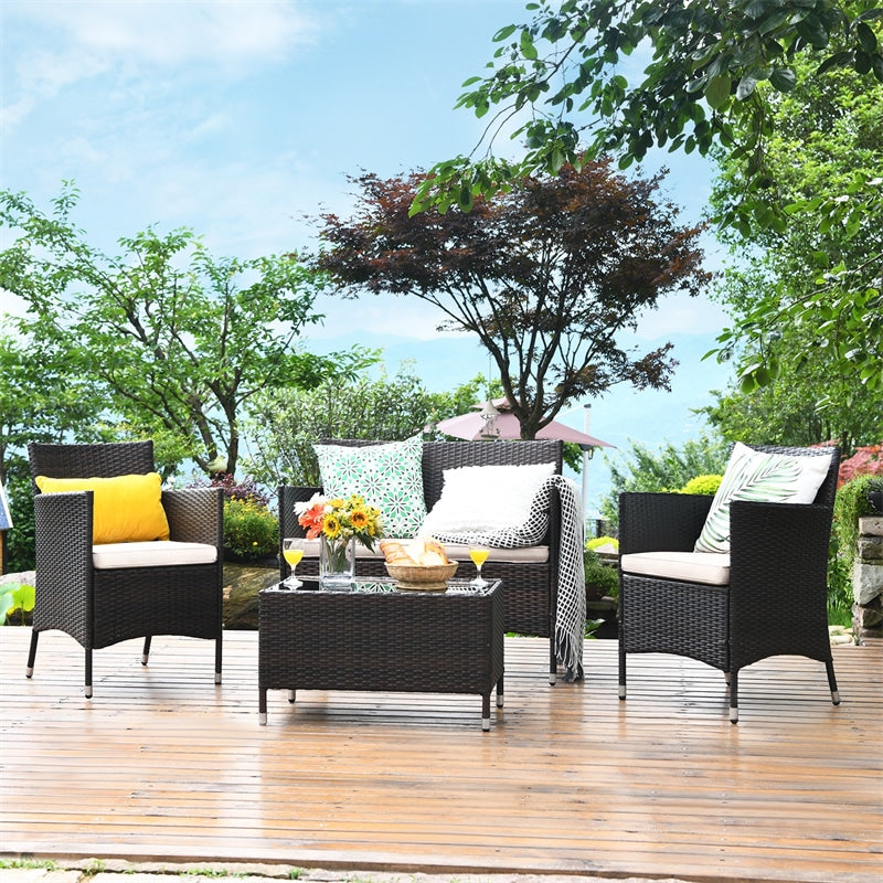 4 Pcs Rattan Wicker Patio Conversation Sets with Loveseat, Single Sofas, Coffe Table, Outdoor Bistro Set