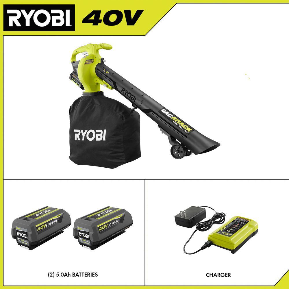 🎉Limited Time Offer🎉RYOBI 40V Vac Attack Cordless Leaf VacuumMulcher with (2) 5.0 Ah Batteries and (1) Charger RY40451-2B