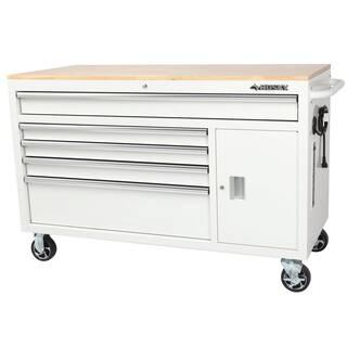 Husky 56 in. W x 25 in. D Standard Duty 5-Drawer 1-Door Mobile Workbench Cabinet with Solid Wood Top in Gloss White H56MWC5GWXD