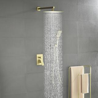 Tomfaucet 2-Spray Patterns 4.5 GPM 10 in. Wall Mount Dual Shower Heads Shower System with 3-Setting Hand Shower in Brushed Gold TFK0075BG