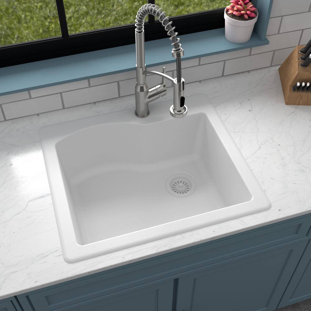 Karran Drop-In Quartz Composite 25 in. 1-Hole Single Bowl Kitchen Sink in White QT-671-WH