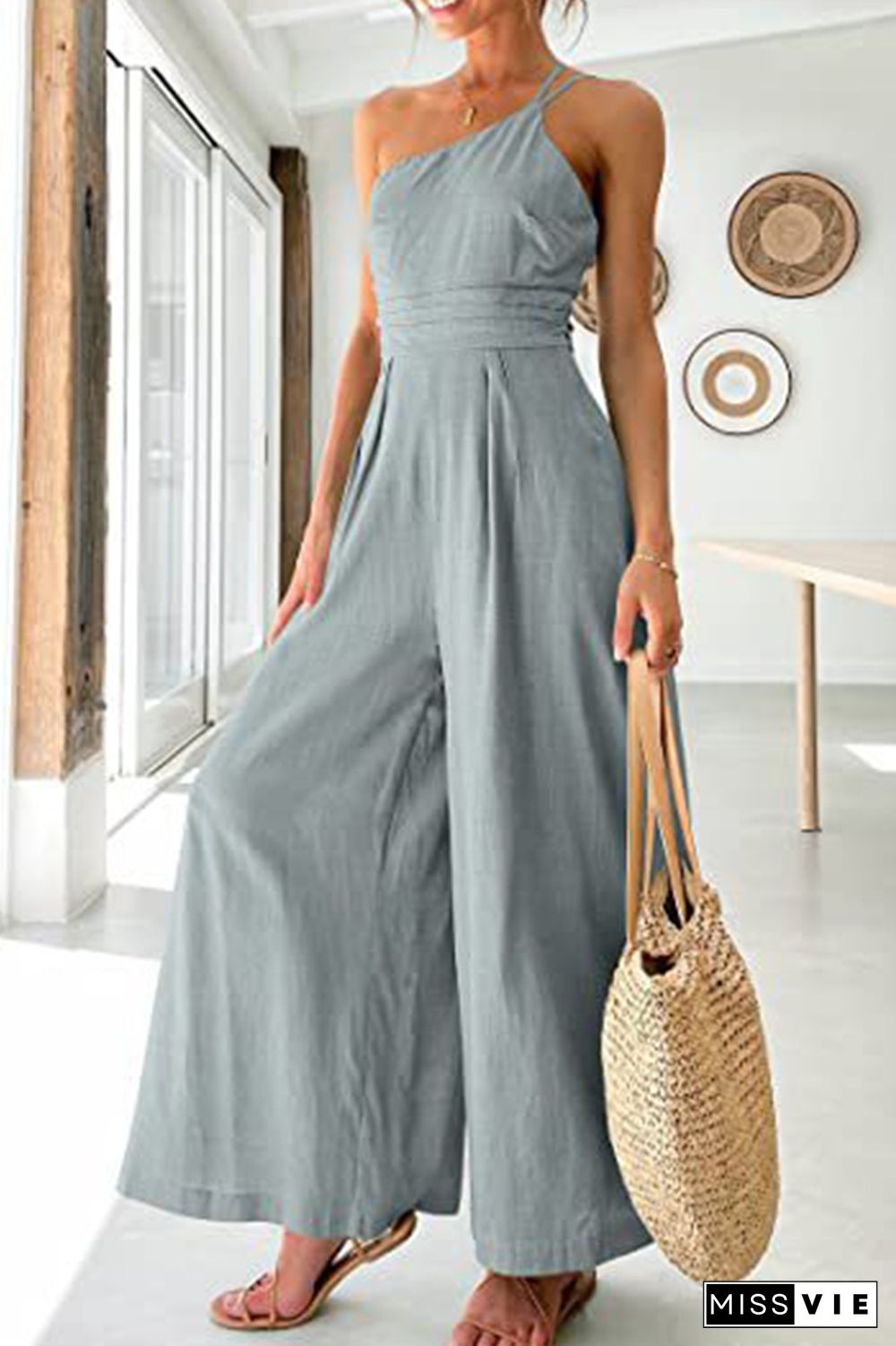 One Shoulder Wide Leg Long Pants Romper Wholesale