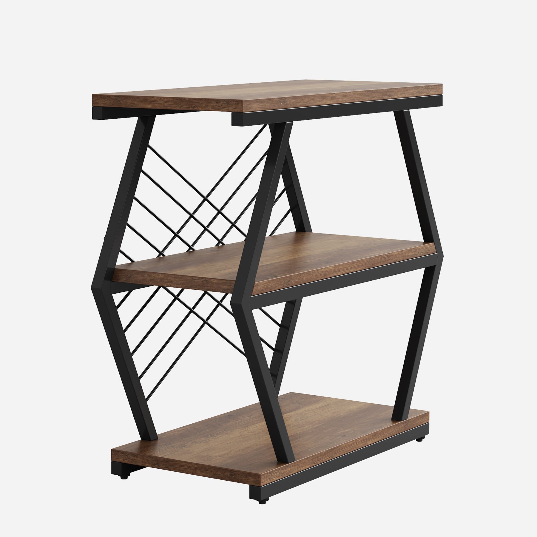 Industrial End Table Side Table with 3 Storage Shelves & Metal Frame