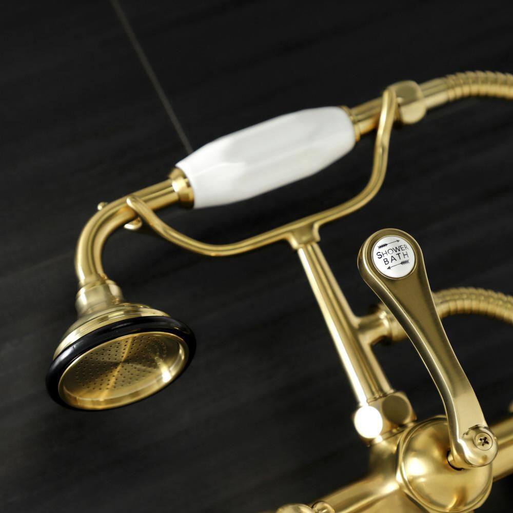 Kingston Brass Aqua Vintage 2-Handle Wall-Mount Clawfoot Tub Faucets with Hand Shower in Brushed Brass HAE57T7