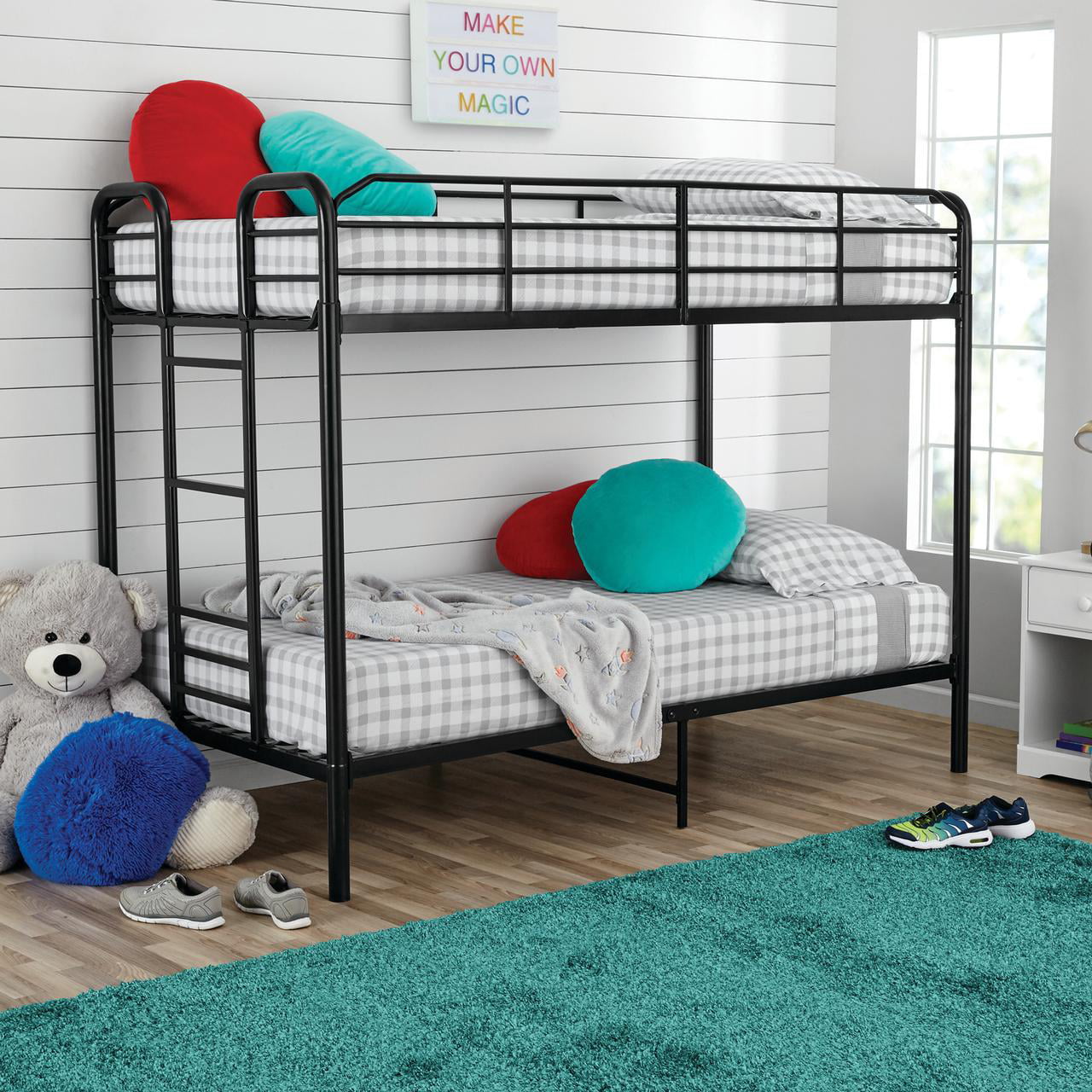 Your Zone Twin Over Twin Metal Bunk Bed with Ladder for Kids Bedroom, Black