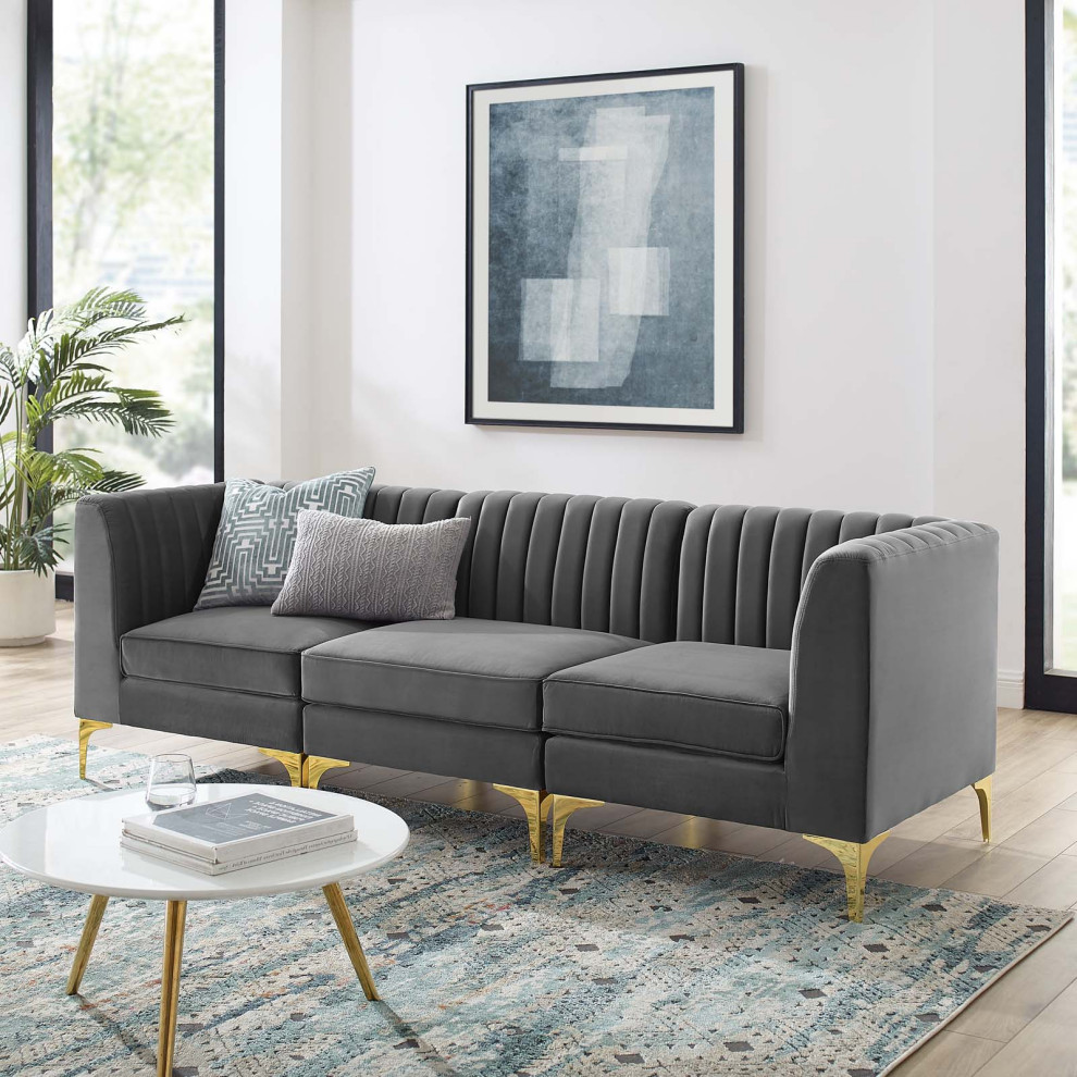 Tufted Sofa  Velvet  Gray  Modern  Living Lounge Hotel Lobby Hospitality   Midcentury   Sofas   by House Bound  Houzz