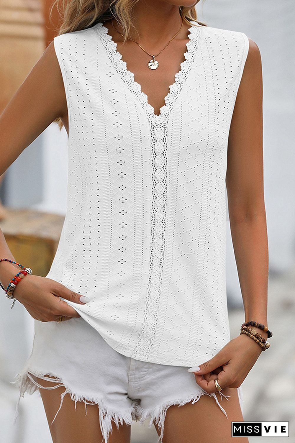 Plain V Neck Lace Edge Eyelet Pattern Tank Top