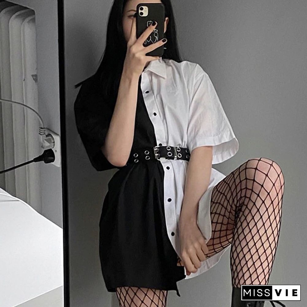 Patchwork Black White Punk Dress Women Casual Loose Short Dresses Ladies Harajuku Summer Korean Vestidos Mujer Streetwear