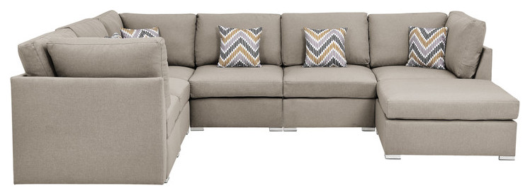 Amira Beige Fabric Reversible Modular Sectional Sofa with Ottoman and Pillows   Contemporary   Sectional Sofas   by Morning Design Group  Inc  Houzz