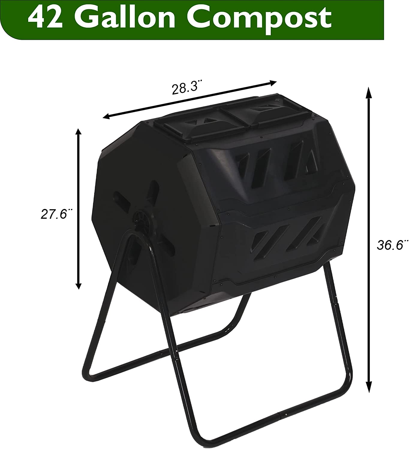 Dual Chamber Compost Tumbler, Outdoor Tumbling Rotating Compost Bin, 42 Gallon Tumbling Composter with 2 Sliding Doors, Easy Turn All Season Composter, Black