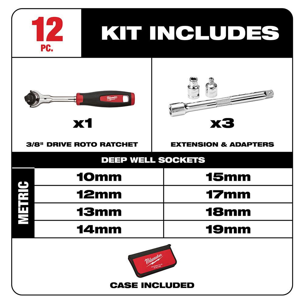 Milwaukee 12-Piece 3/8 in. Drive Metric Socket Set 48-22-9001 from Milwaukee