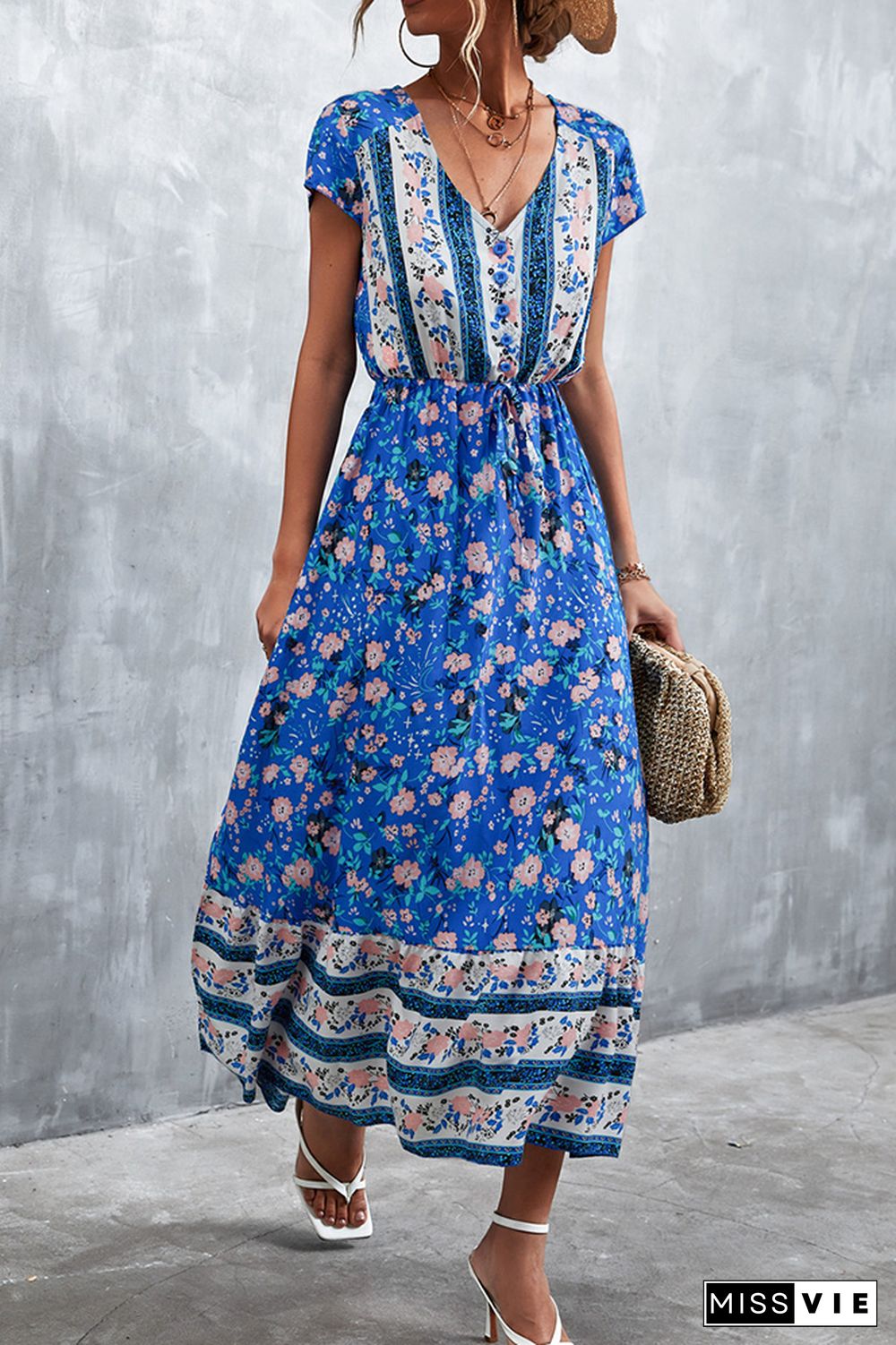 Floral Print Short Sleeve Long Dress Wholesale