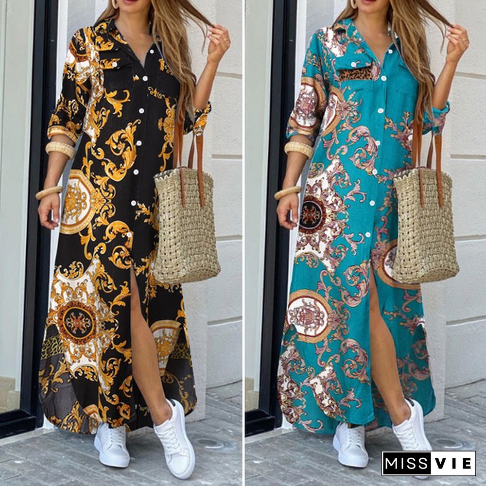 S-5XL Women Fulll Sleeved Kaftan Dress Chains Printed Side Fork Casual Loose Long Wedding Holiday Dress