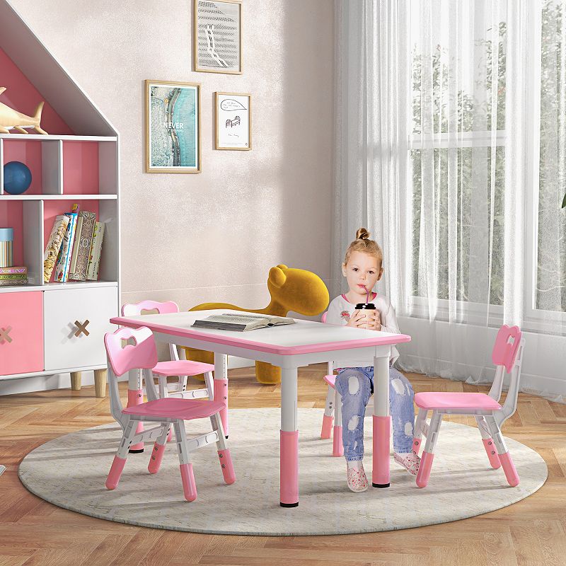 Qaba Kids Table and Chair Set with 4 Chairs， Adjustable Height， Easy to Clean Table Surface， for 1.5 - 5 Years Old