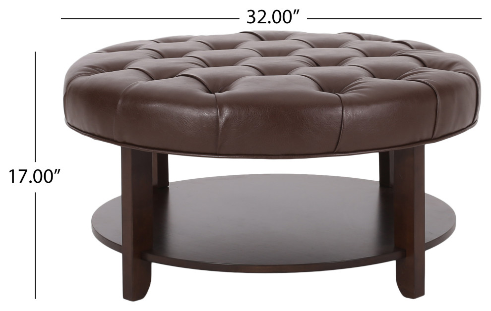 Baynes Faux Leather Tufted Wood Round Ottoman  Open Shelf   Transitional   Footstools And Ottomans   by GDFStudio  Houzz