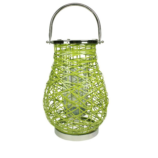 Modern Green Decorative Woven Iron Pillar Candle Lantern With Glass Hurricane