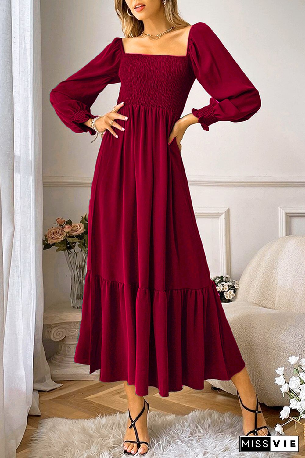 Square Neck Puff Sleeves Ruffle Long Dress