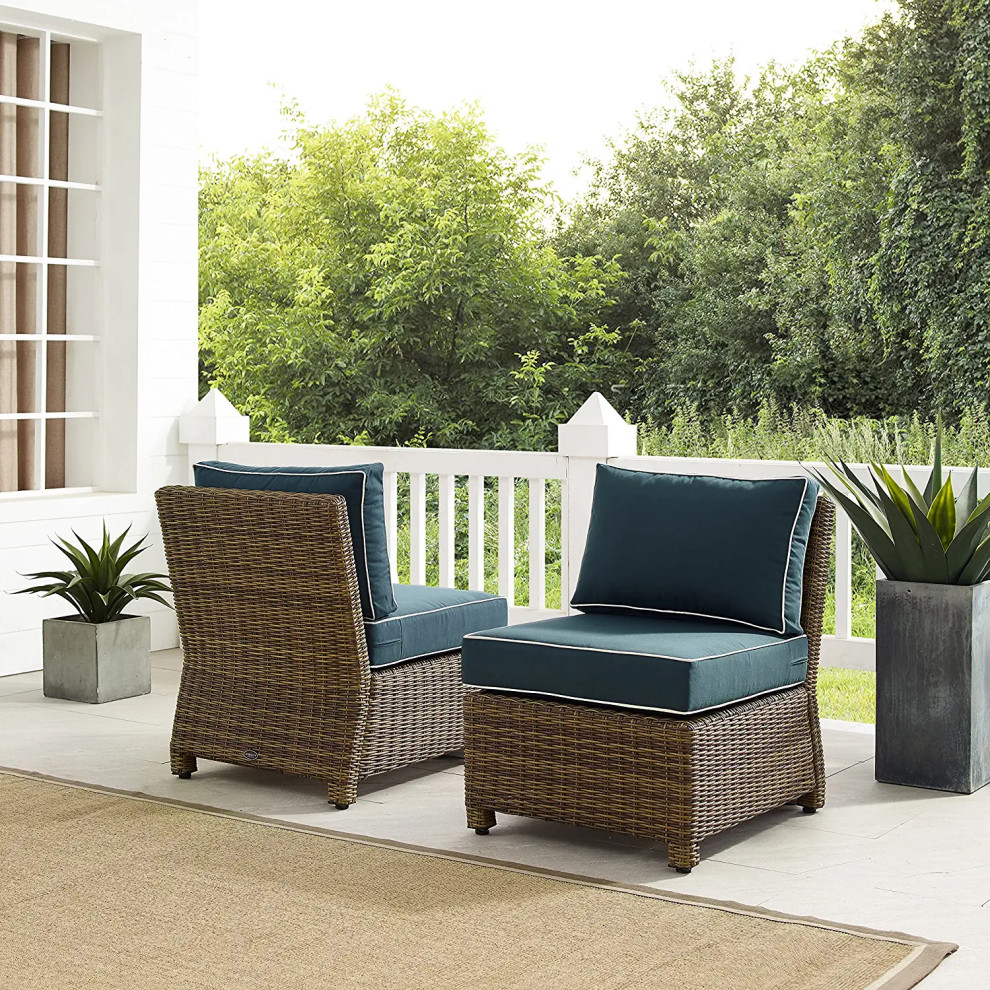 2Pack Patio Lounge Chair  Weathered Brown Wicker  Navy Cushion With White Piping   Tropical   Outdoor Lounge Chairs   by Decor Love  Houzz