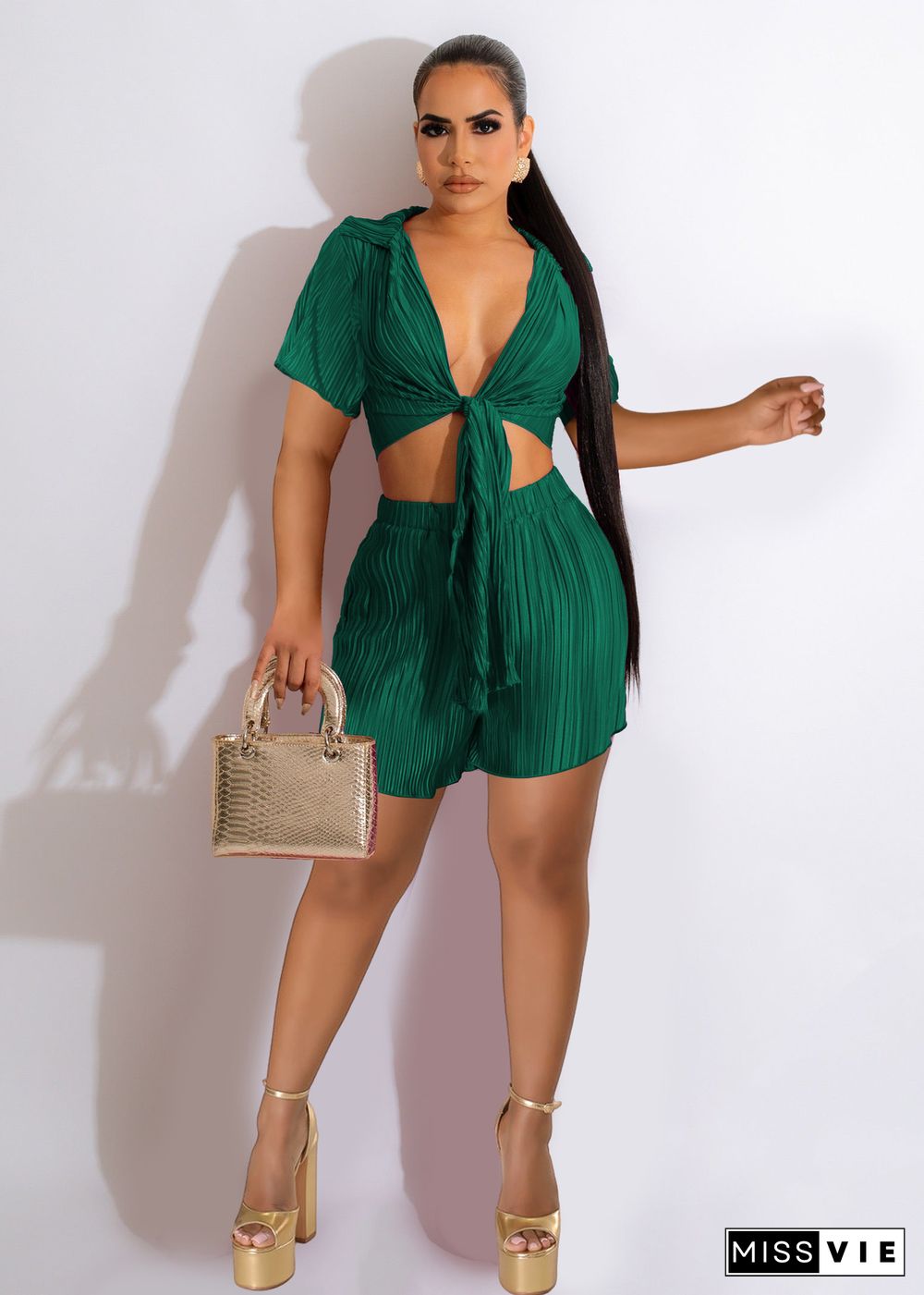 Summer Short Top With Pleated Sexy Shorts Two-piece Set