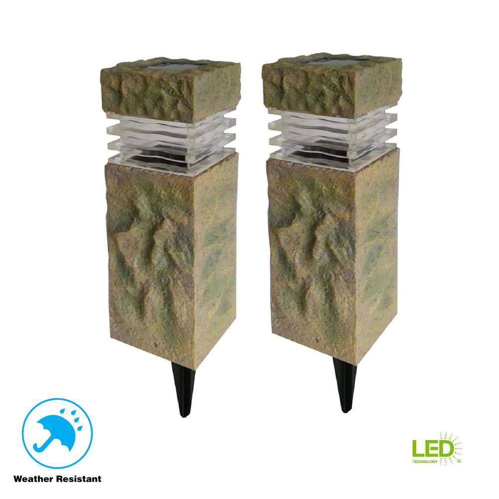 Hampton Bay Solar Sand Stone Outdoor Integrated LED Landscape Rock Pillar Path Light (2-Pack) 49856