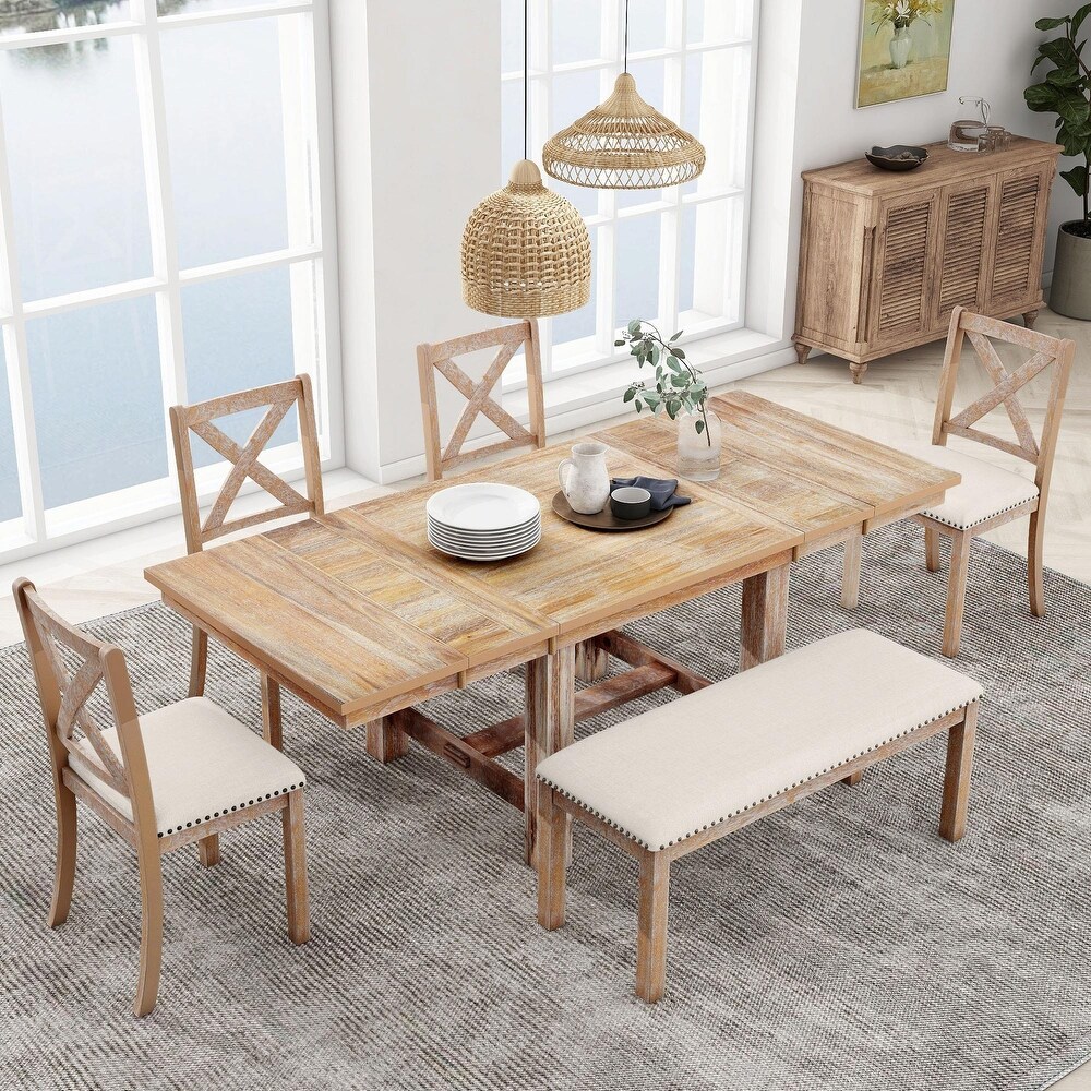 Extendable Dining Table Set with Chairs  Bench  and Footrest (6 Piece)