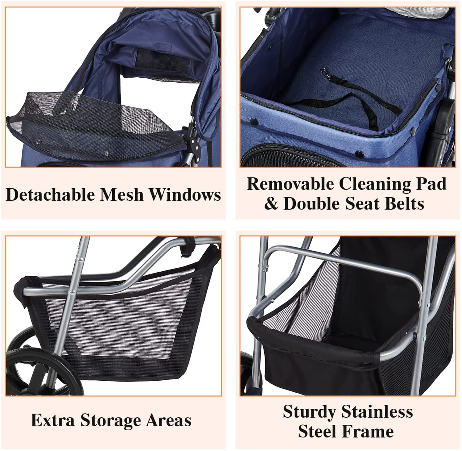 Msmask Foldable Pet Stroller 4 Wheel Cat Dog Travel Carrier with Storage Basket，Dark Blue