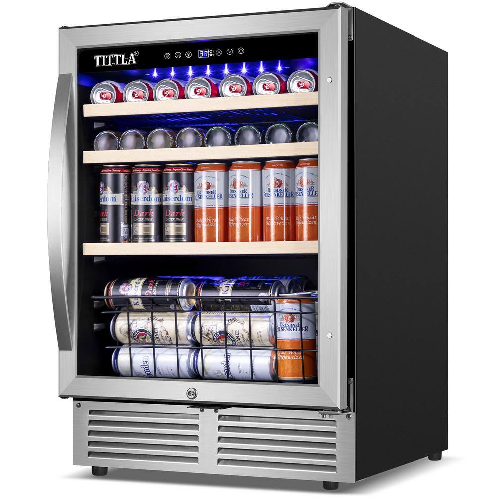 TITTLA 23.47 in. Single Zone 150-Cans Beverage Cooler in Silver Garage Ready Childproof Lock Reversible Door Hinge Blue LEDs KMBR150