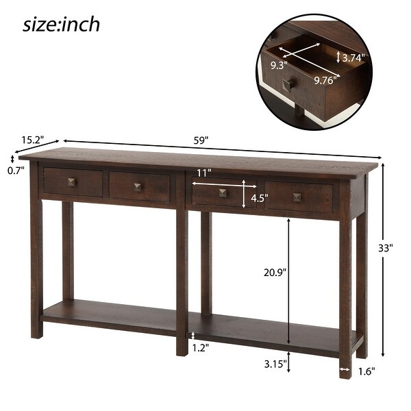 Rustic Espresso Wood 4-Drawer Console Table