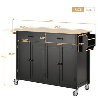 54.3 in. L x 18.5 in. W x 36.22 in. H Black Kitchen Island Cart with Solid Wood Top and Locking Wheels WFAAB286wy