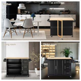 Whatseaso Large Kitchen Island With Cabinet 3-Shelves and 3-Drawers in Black SEP-110513279