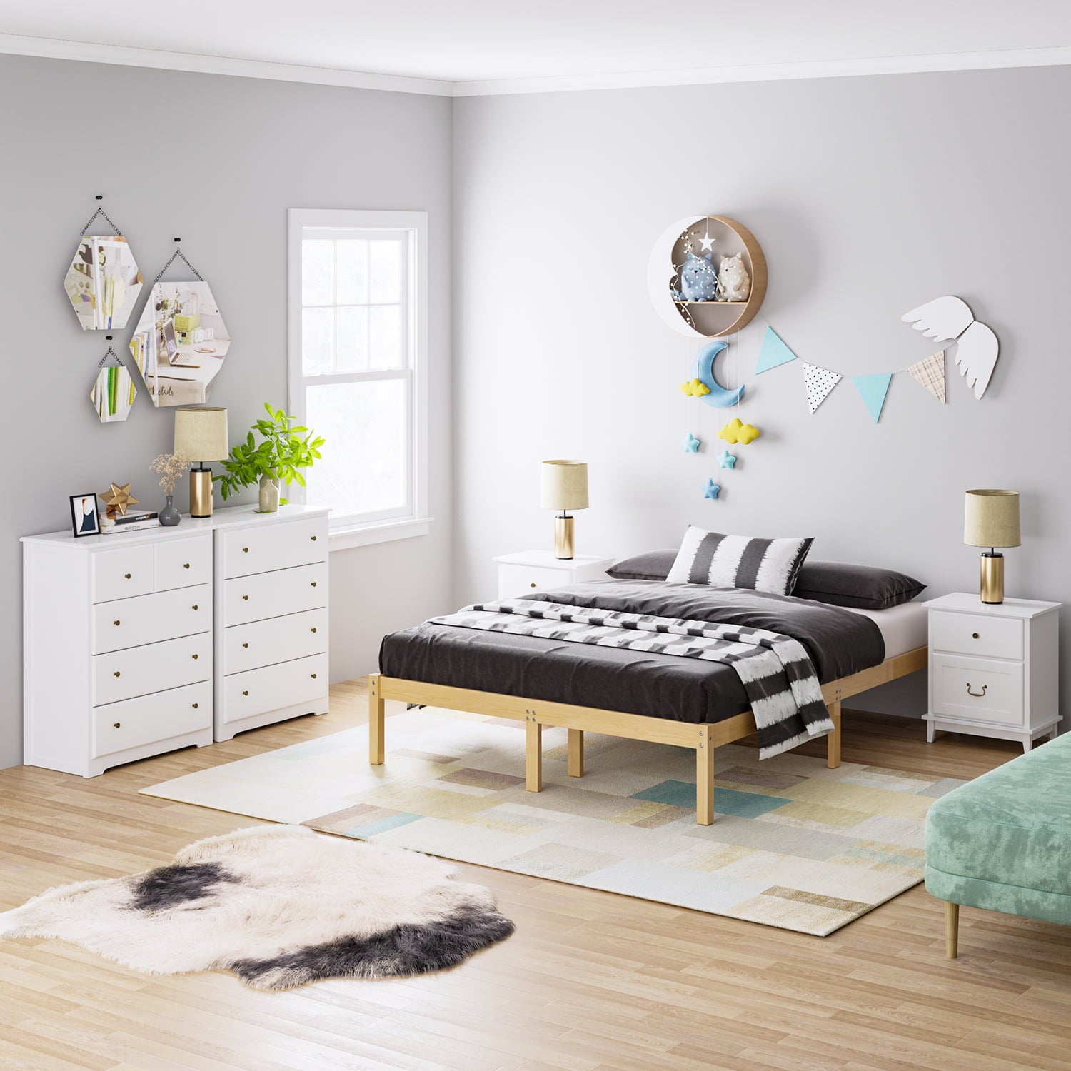 Homfa Horizontal Dresser, Modern Dresser of 5 Drawers, Dresser Chest with Easy Pull Handle for Bedroom, White Finish