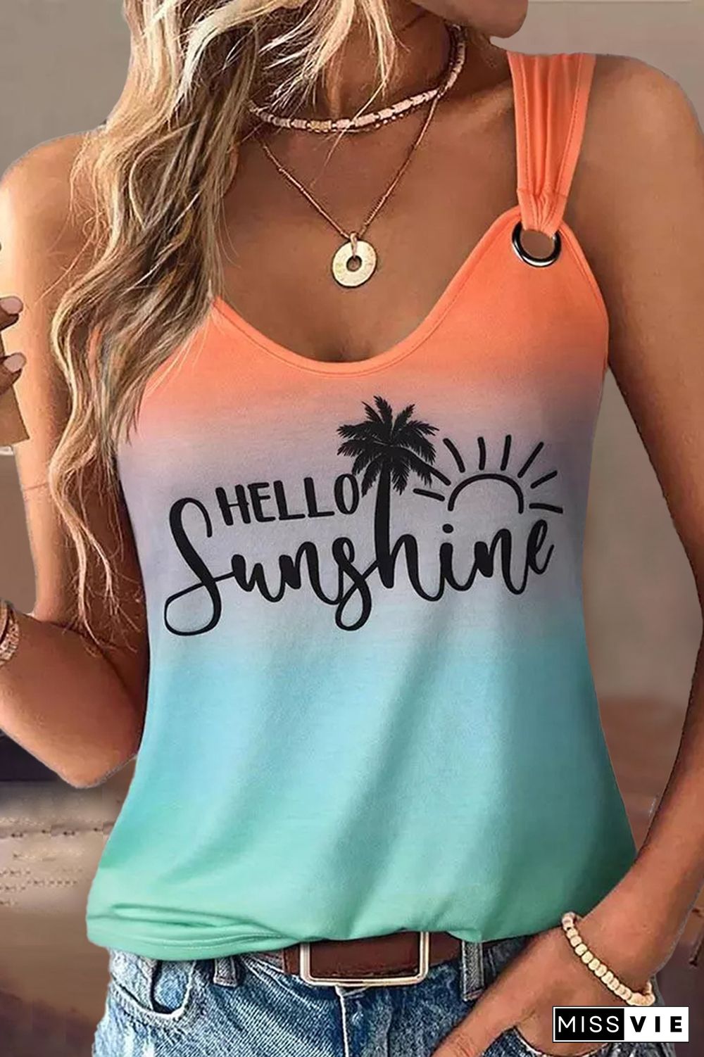 Ombre Letter Print Ring Linked Tank Top