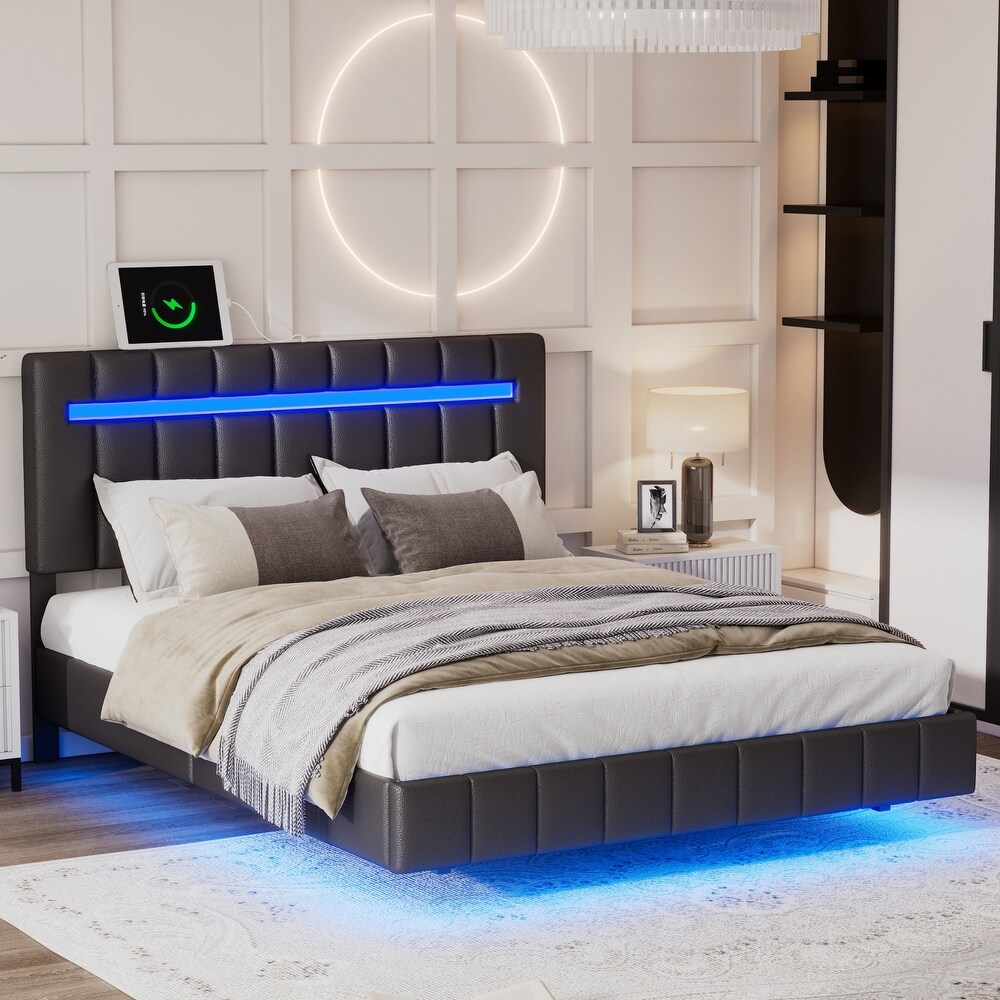 Floating Bed Frame with LED Lights and USB Charging Modern Upholstered Platform LED Bed Frame