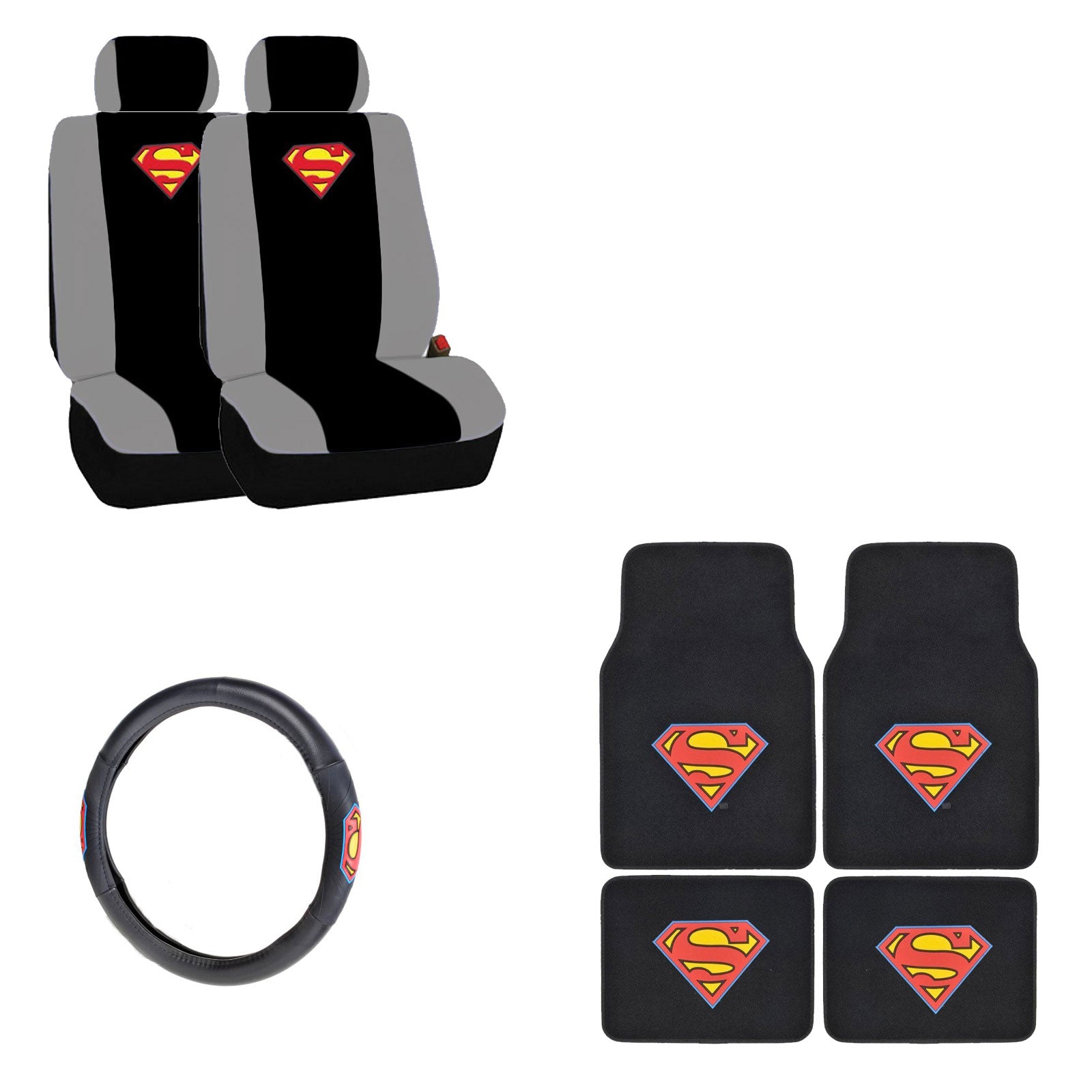 Superman 4 Pc Carpet Floor Mats And 2 Pc Seat Covers With Wheel Cover