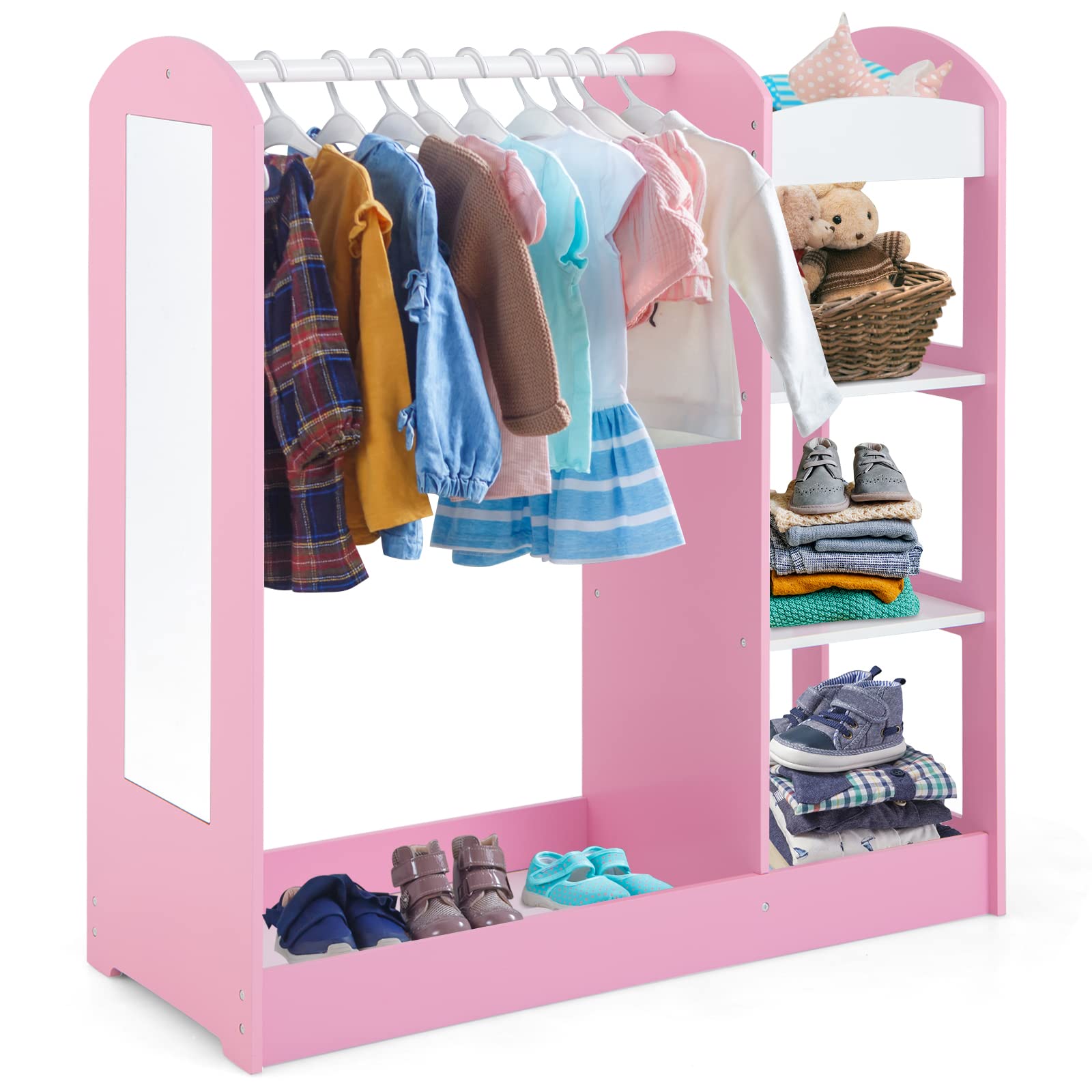 Costzon Kids Dress up Storage with Mirror, Clothes Rack, 3-Tier Shelves