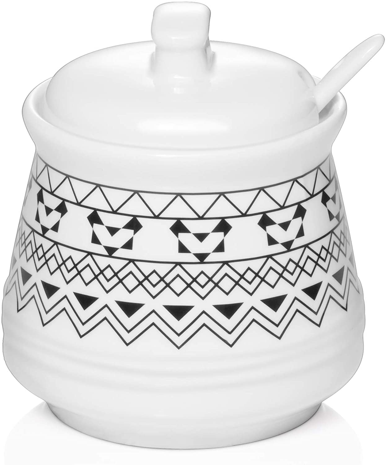 DOWAN Porcelain Sugar Bowl， 12 Oz Ceramic Sugar Bowl with Lid and Spoon， Sugar Canister for Kitchen and Countertop， Perfect for Salt， Bohemian White Sugar Jar