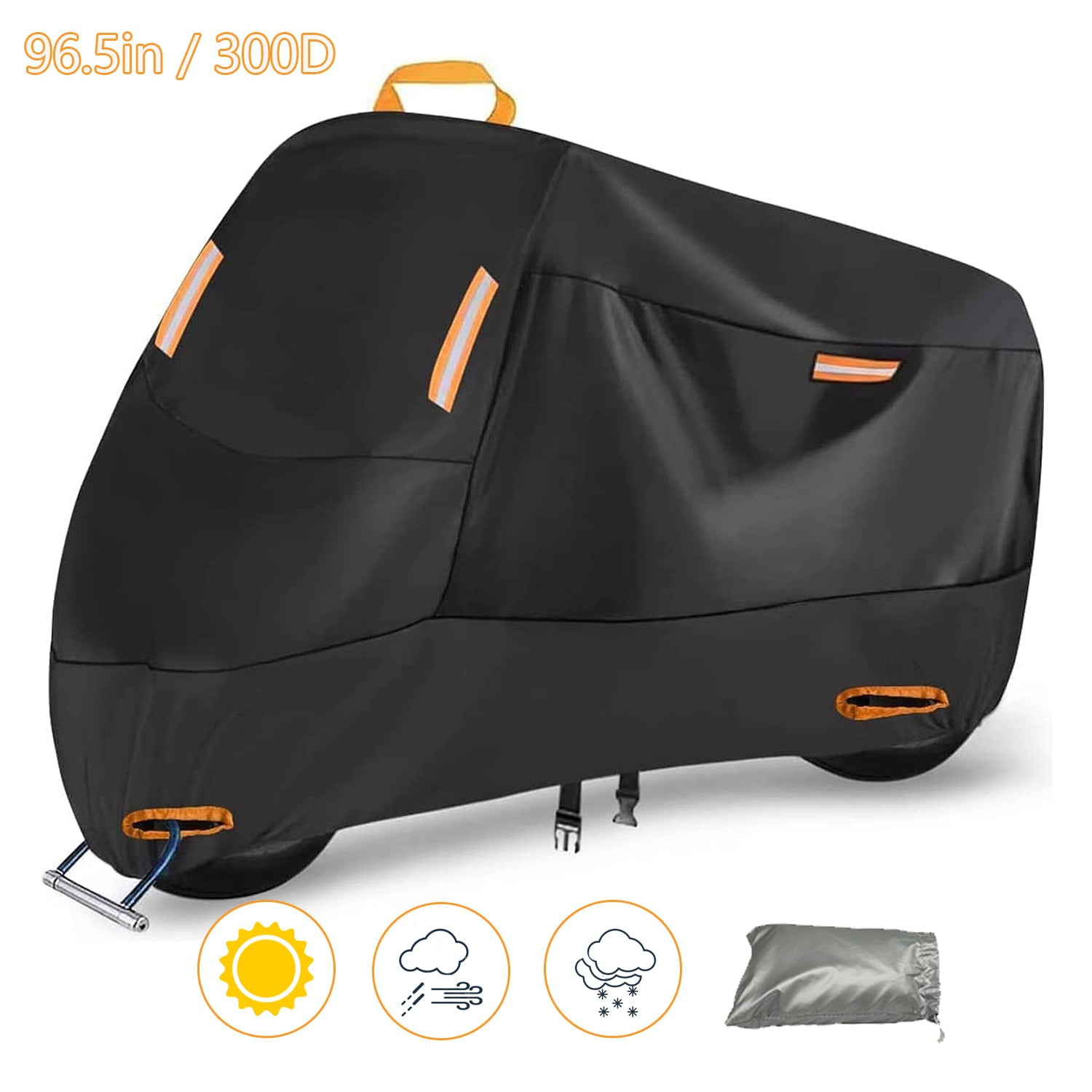 300D Heavy Duty Motorcycle Cover， Seceles All Season Durable Waterproof Outdoor Protection Scooter Cover with 4 Reflective Strips Lock-Holes Storage Bag Fits up to 96.5