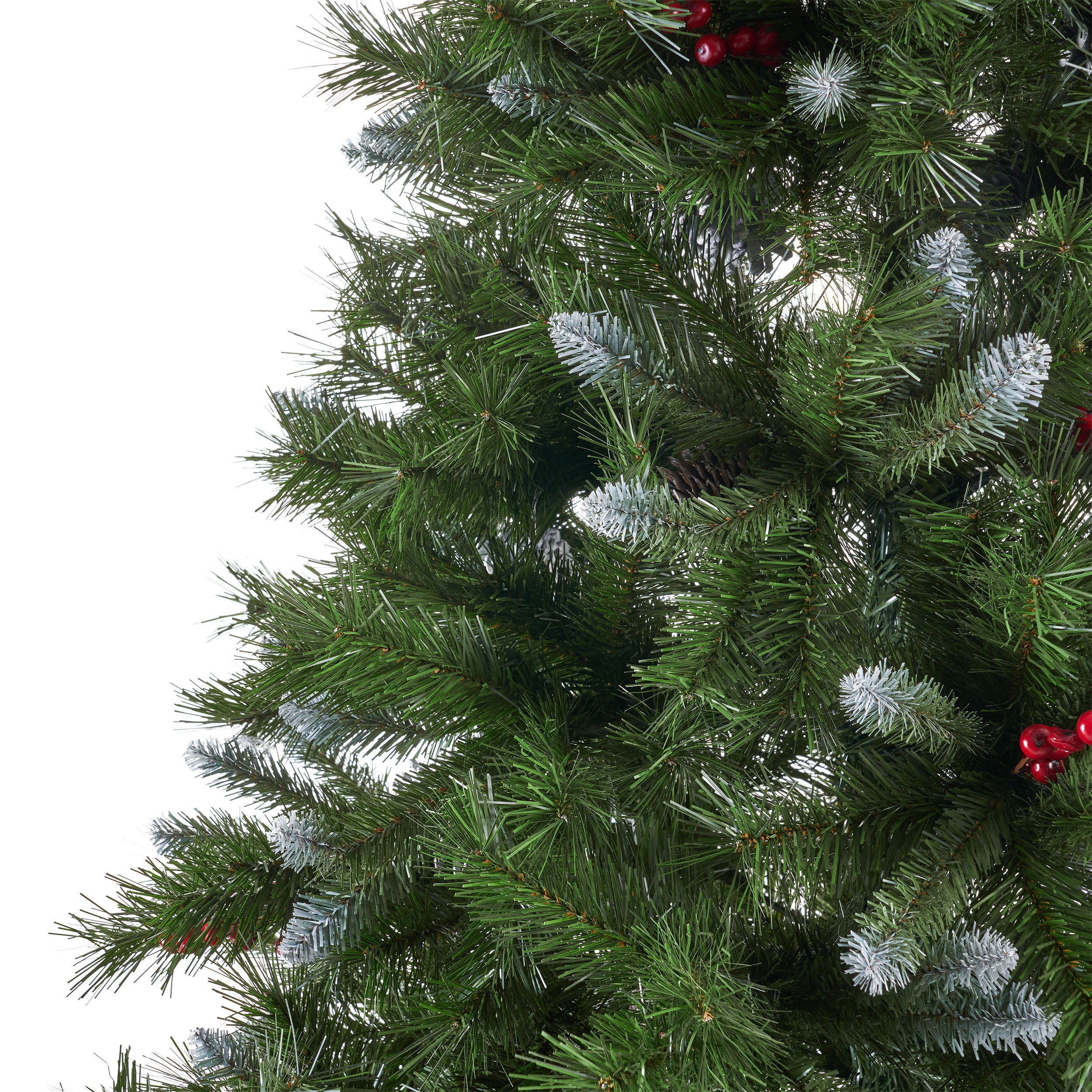 7-foot Mixed Spruce Hinged Artificial Christmas Tree with Frosted Branches, Red Berries, and Frosted Pinecones