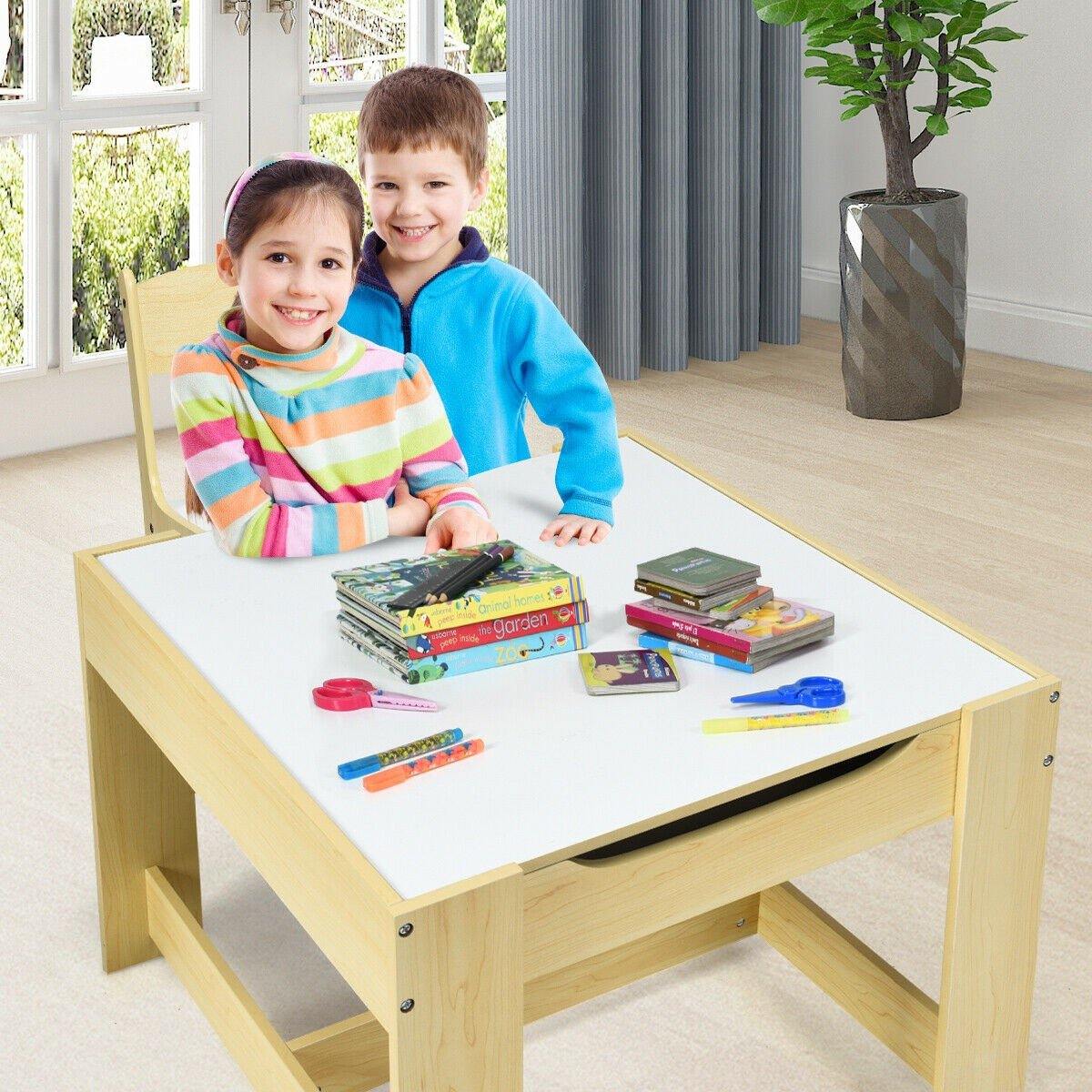 3 in 1 Kids Wood Table & 2 Chair Set | Children Activity Table Desk Sets