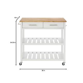 StyleWell Glenville Cream White Rolling Kitchen Cart with Butcher Block Top Double-Drawer Storage and Open Shelves (36