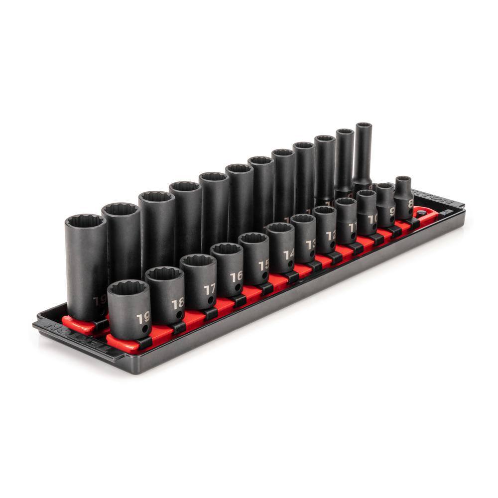 TEKTON 38 in. Drive 12-Point Impact Socket Set with Rails (8 mm-19 mm) (24-Piece) SID91213