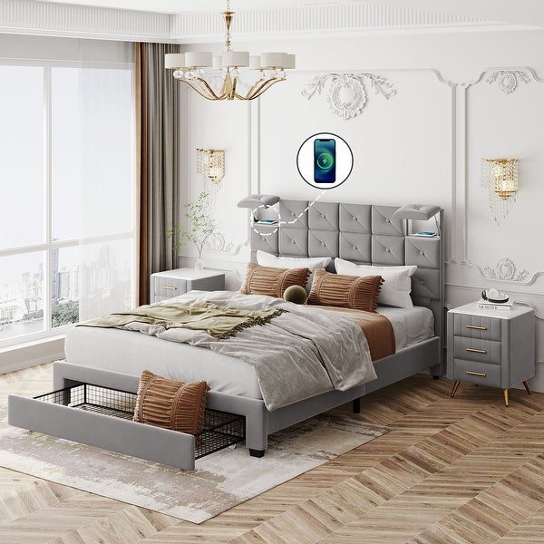 3-Pieces Bedroom Sets， Queen Size Upholstered Platform Bed with Two Wireless Chargers and Storage Drawer， Two Nightstands - - 38053325